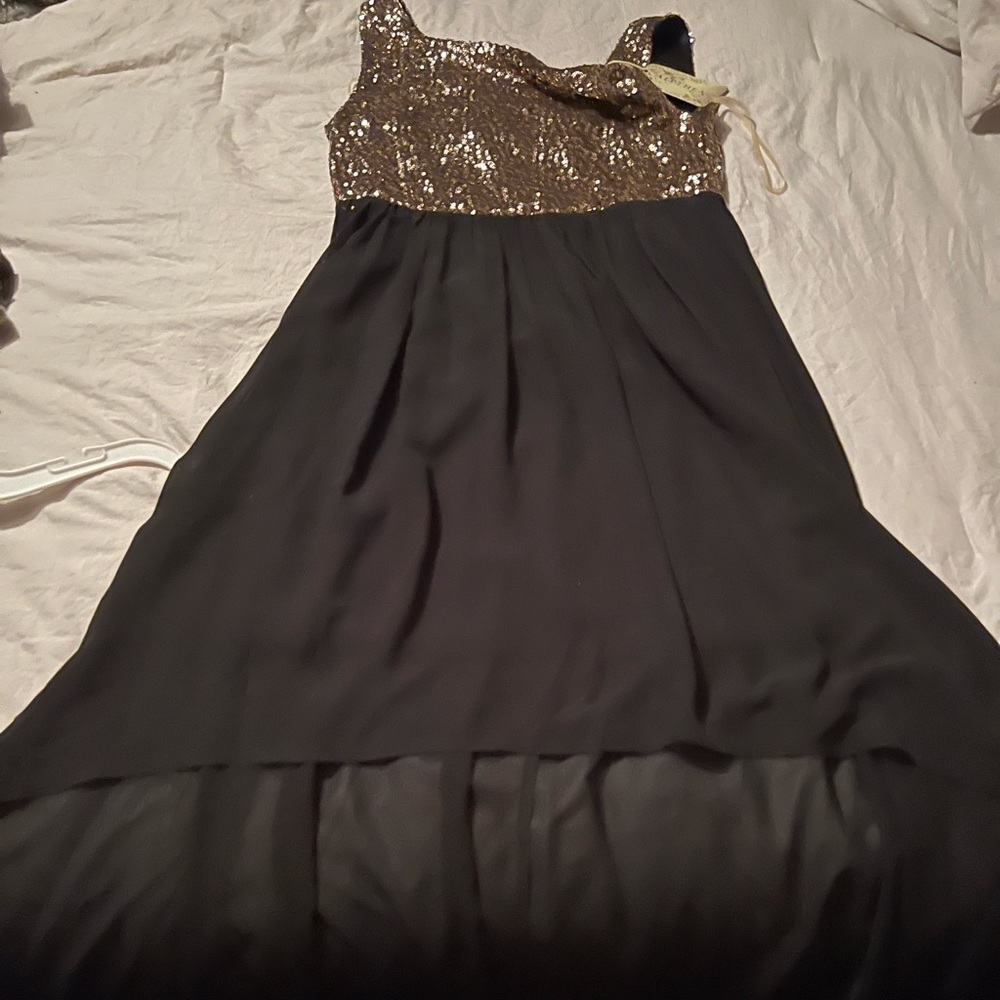 New with tags, black/gold sequin top dress, v neck back.